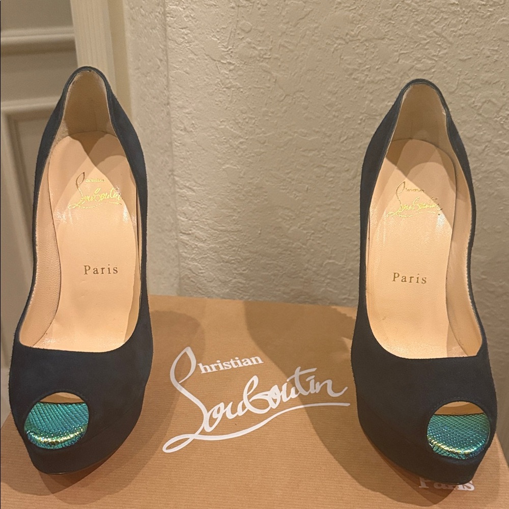 Christian Louboutin Black and Teal Peep Toe Heels
